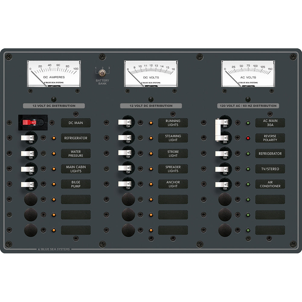 Blue Sea 8084 AC Main +6 Positions/DC Main +15 Positions Toggle Circuit Breaker Panel - White Switches - Deckhand Marine Supply