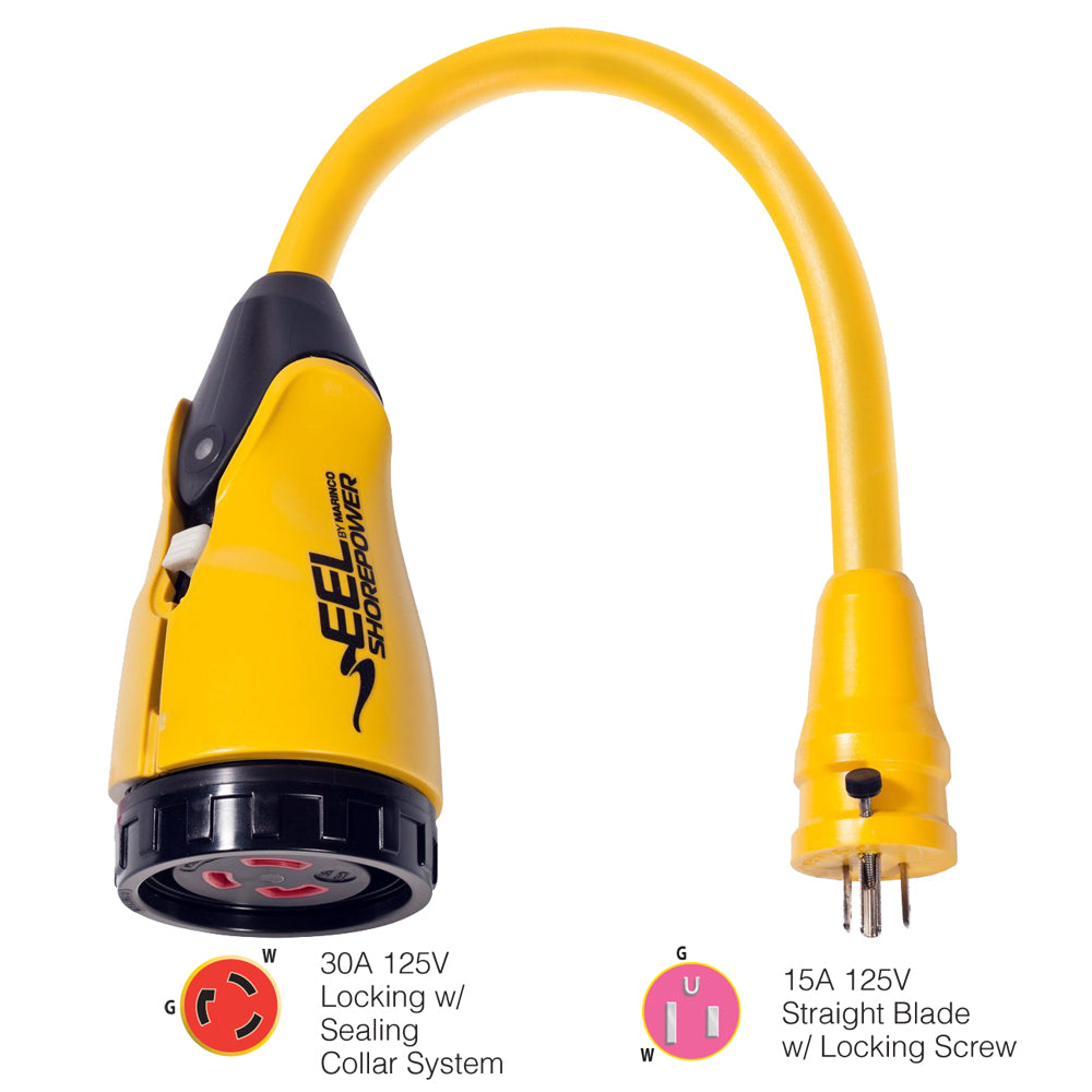 Marinco P15-30 EEL 30A-125V Female to 15A-125V Male Pigtail Adapter - Yellow - Deckhand Marine Supply